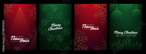 Set of four christmas and new year vector cards with dotted christmas tree, snowflake, ornament, forest. Holiday poster for social media design and seasonal greeting.