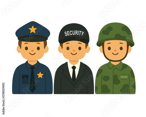 Police officer, security guard and soldier standing side by side. Flat cartoon vector illustration of public safety and defense professions. Character icons for banner and poster design