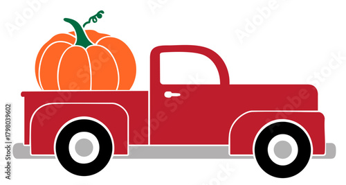 Red Vintage Harvest Pickup Truck with Giant Pumpkin – Thanksgiving Fall Farm Illustration