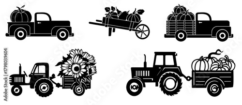 Harvest Trucks and Tractors with Pumpkins and Sunflowers – Thanksgiving Farm Collection, Fall Harvest Vehicles, Pumpkin Wagon, Rustic Countryside Autumn Set