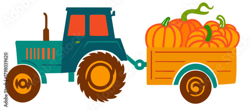 Teal and Orange Tractor with Pumpkin Trailer. Autumn Harvest Thanksgiving Farm Scene