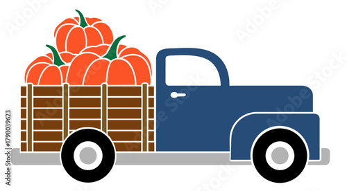 Blue Farm Truck Loaded with Pumpkins. Thanksgiving Fall Harvest Vehicle