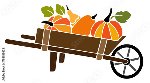 Autumn Wheelbarrow with Pumpkins and Gourds. Fall Harvest Thanksgiving