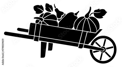 Wheelbarrow Filled with Pumpkins, Gourds and Autumn Leaves. Rustic Thanksgiving Harvest Silhouette