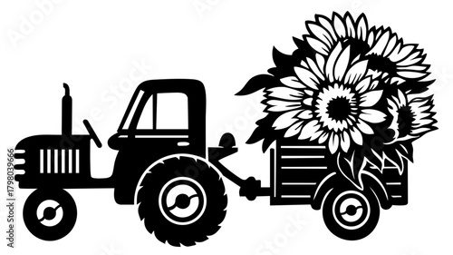 Harvest Tractor with Sunflower Bouquet Trailer. Autumn Floral Farm Thanksgiving Silhouette