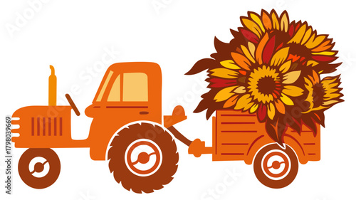 Orange Farm Tractor with Sunflowers. Fall Harvest Floral Thanksgiving
