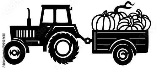 Farm Tractor Pulling Pumpkin Wagon. Fall Harvest Thanksgiving Vehicle Silhouette