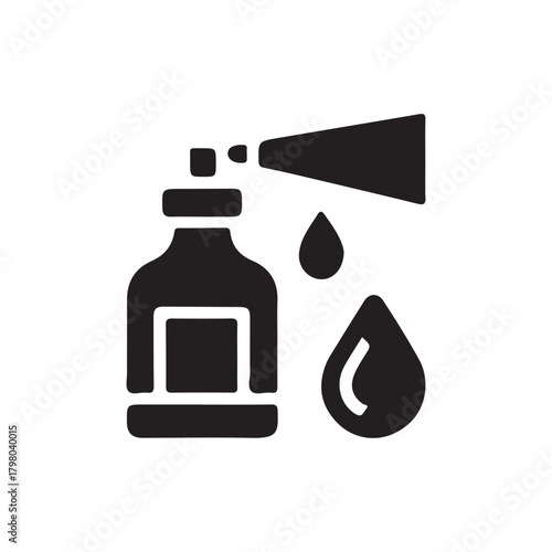 a simple black silhouette of a spray bottle dispensing liquid with droplets representing cleaning or fragrance silhouette