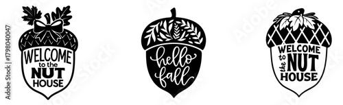 Autumn acorn bundle with fall quotes. Welcome to the Nut House, Hello Fall, decorative oak leaf nut designs for cozy seasonal decor