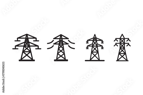 a minimalist depiction of four electrical power pylons standing in a row against a white background silhouette