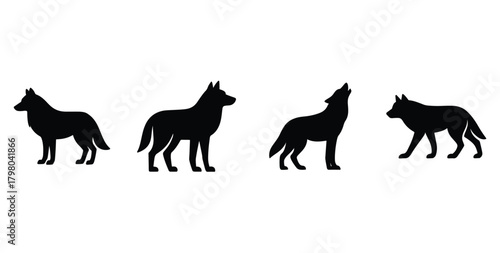 Wolf silhouettes vector set in various poses, wild animal icon.
