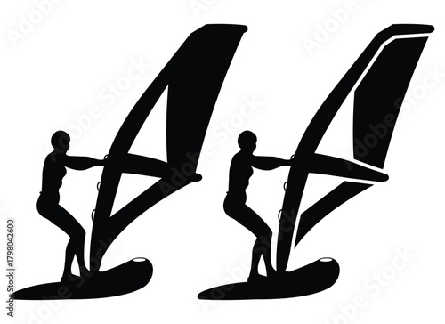 Windsurfing and Water Sports Silhouette Set – Surf, Jet Ski, Beach Activity Icons in Black Vector Illustration