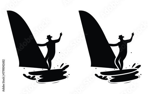 Windsurfing and Water Sports Silhouette Set – Surf, Jet Ski, Beach Activity Icons in Black Vector Illustration