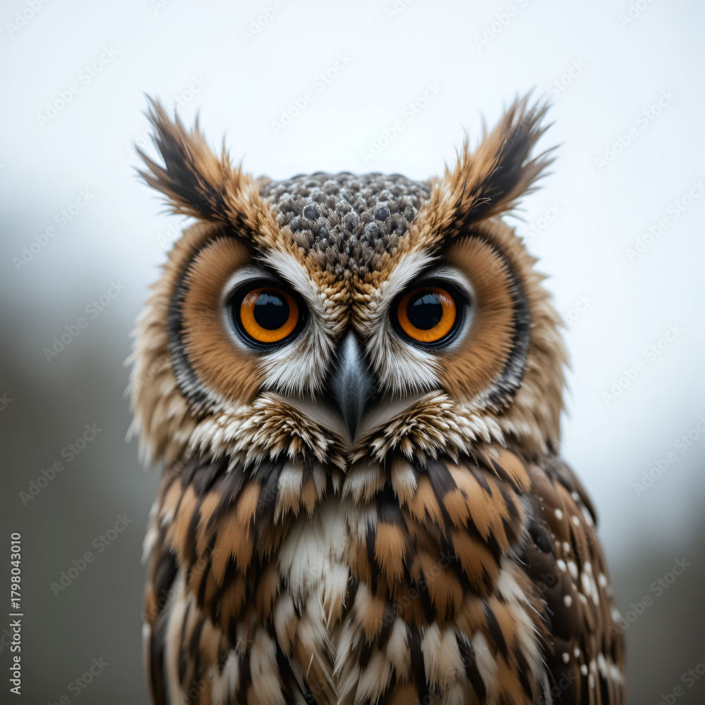 Fototapeta premium Closeup of tawny owl in soft lighting on overcast day