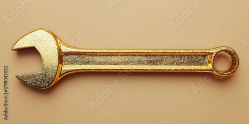 Golden adjustable wrench on a beige background, tool for repair.