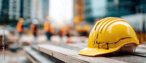 Construction site safety - Yellow hard hat on wooden planks.