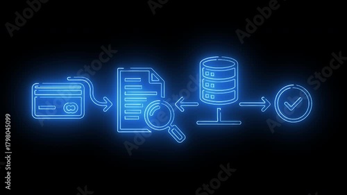Database synchronization and replication workflow with servers, arrows, queue and neon blue connection diagram