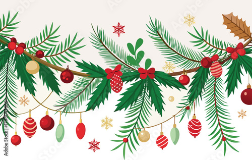 Festive holiday cheer with evergreen garland and ornaments to add warmth to your designs for Christmas, New Year's Eve, and winter events