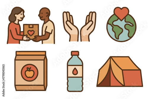Globe icons people white humanitarian giving support food heart hands icon vector