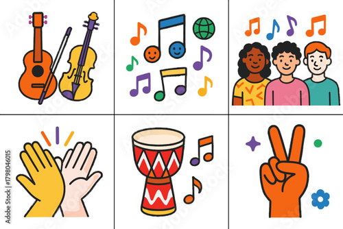 Vector different diversity icon grid smiling musical people drum peace inclusive instruments