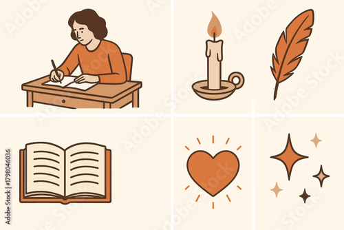 Grid person composition peaceful icon glowing desk vector symbols candle writing white