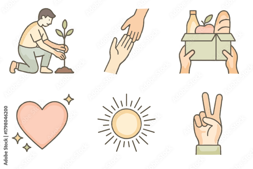 Fototapeta premium Illustrations spirit tree sunbeam white icon composition helping vector food volunteering clean