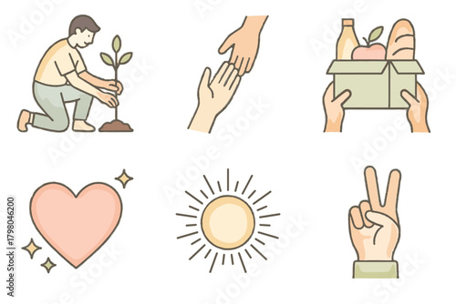 Illustrations spirit tree sunbeam white icon composition helping vector food volunteering clean