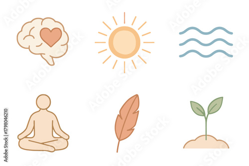 Minimal text no brain meditating icon symbols emotional feather awareness serene vector