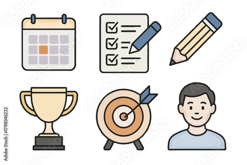 Trophy goal icons vector arrow calendar background target productive icon clean tones