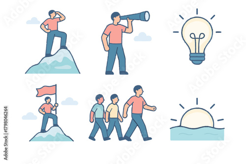 Mountain standing design peak lightbulb vector leadership visionary leader illustrations telescope person
