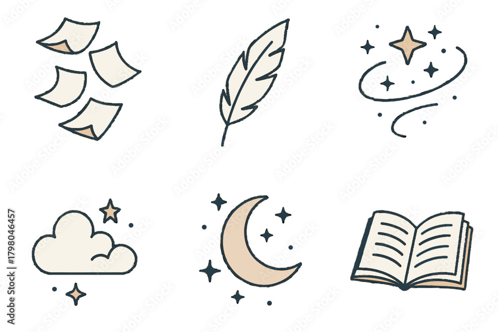 Obraz premium Pages imaginative white grid open icon feather minimal text elements vector poetic