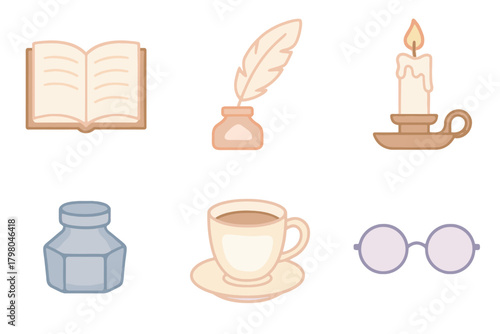 Literary coffee vector essentials open candle icon bottle ink cup feather grid