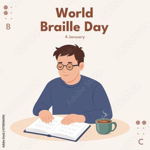 World Braille Day. A blind person reads something in Braille.Concept for Poster, Banner, Post, Flyer, Card, Cover. Vector Illustration