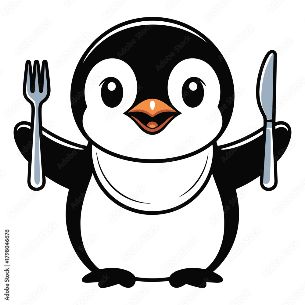 Fototapeta premium Cute cartoon penguin holding a fork and knife