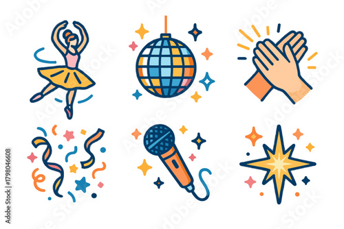 Microphone scene lively dancer bright vector icon energetic art background hand palette
