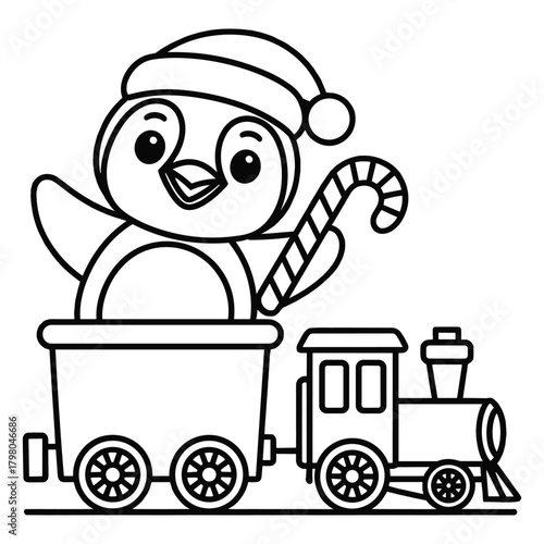 Cute penguin in a train car with candy cane