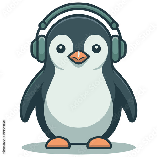 Cute cartoon penguin wearing headphones