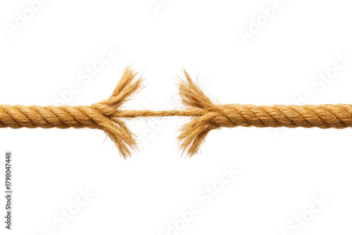 Fraying rope breaking under stress and tension. Isolated on transparent background, png