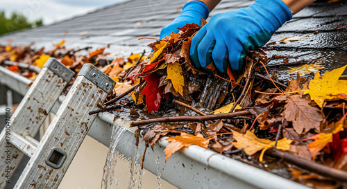Worker cleaning clogged autumn gutter with vivid leaves and water