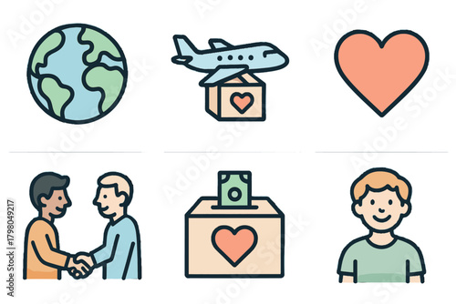 Charity icons hands friendly palette vector global icon box white supplies globe