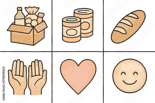 Goods illustrations donation text bread icon background hands box vector tones open