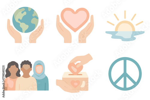 Illustrations icon heart white compassion background diverse people global text donation vector