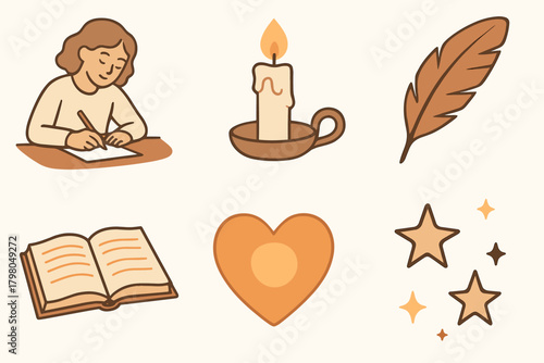 White symbols desk glowing peaceful open writing smooth grid candle vector icon