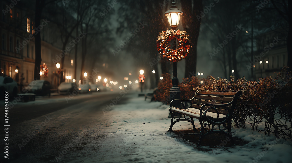 Obraz premium Winter christmas scene with wreath on lamppost and snow covered bench