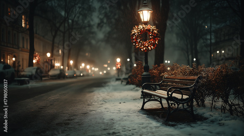 Fototapeta Naklejka Na Ścianę i Meble -  Winter christmas scene with wreath on lamppost and snow covered bench