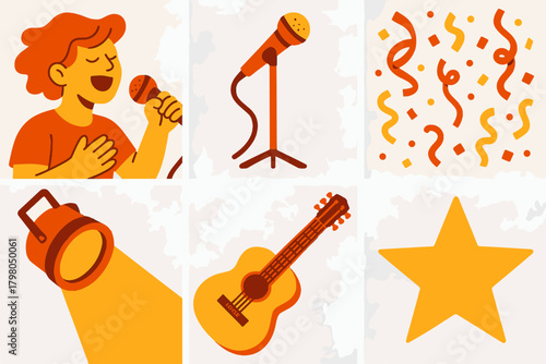 Singing performance no warm joy grid person vector icon confetti microphone vibrant