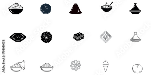 A clean minimal icon set featuring Moroccan traditional foods including baklava, makrout, chebakia, ghriba, sellou, couscous bowl, tagine pot, and harira soup. Perfect for menus, recipe apps, culinary