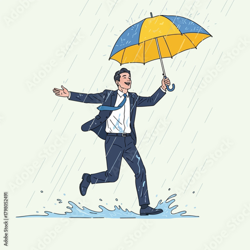 Happy Businessman Running in Rain Umbrella