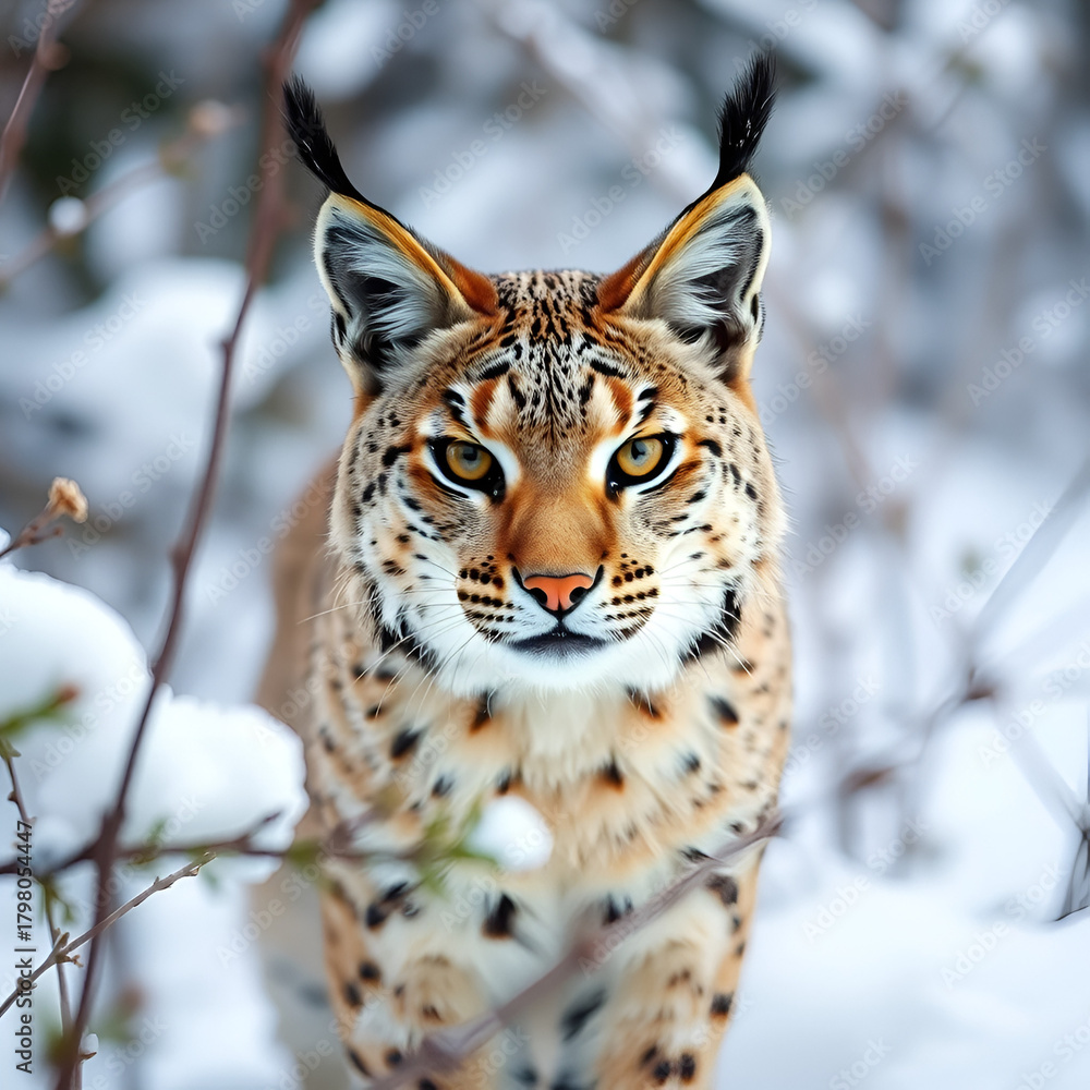 Obraz premium Bobcat in winter snow, natural habitat, and front-facing portrait