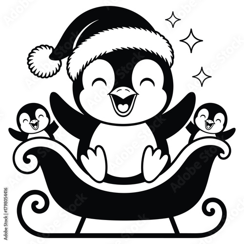 Cute cartoon penguin wearing a santa hat in a sleigh